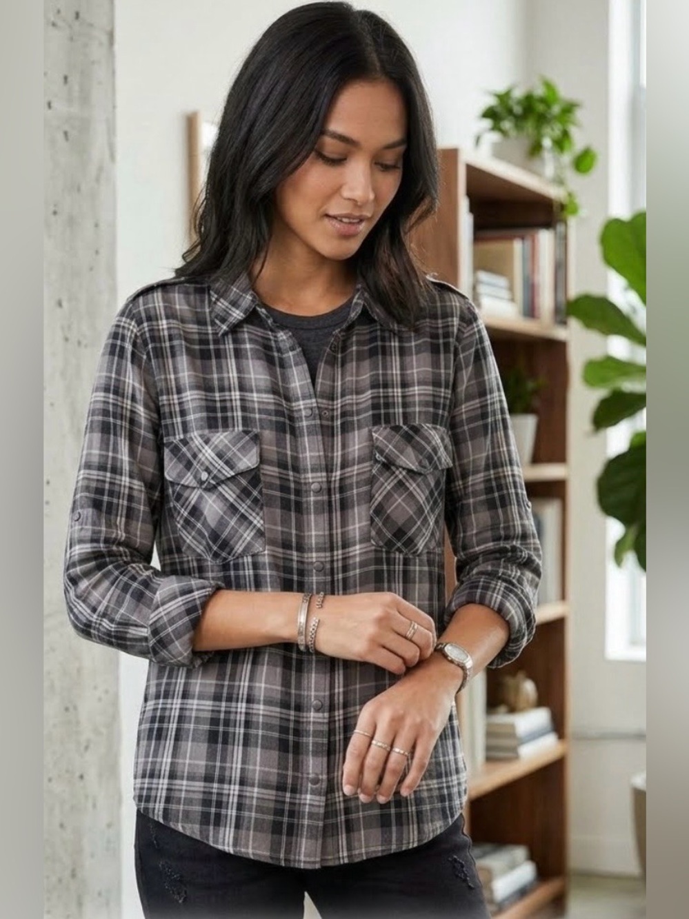 Sanctuary Black and Gray Plaid Boyfriend Snap Down Shirt Size M